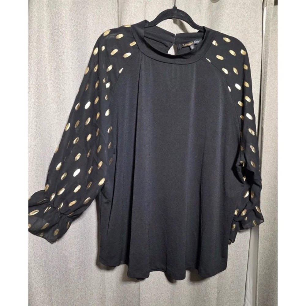 Louise Paris Black Gold Foil Polka Dot Sheer Sleeve Mock Neck Blouse 2X